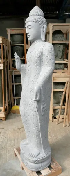 Product image 4 of the product “Standing Buddha with floral carving, Abudaya position. 50 x 32 x 178cm. Natural stone (river stone), stonemasonry ”